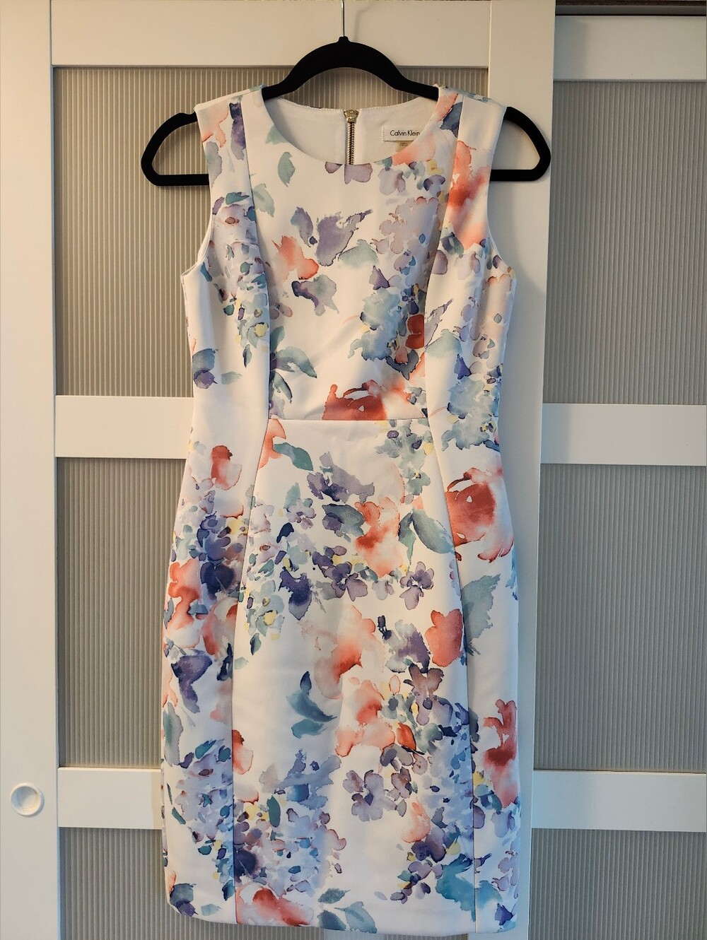 Calvin Klein White Sheath Dress with Coral, Lavender & Seafoam Floral Print - Picture 2 of 4